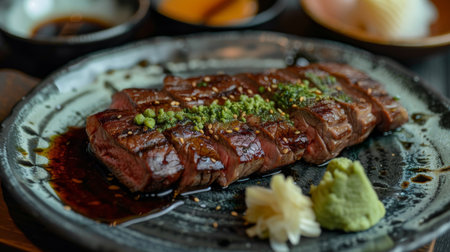 A plate of Japanese wagyu beef steak served with wasabi and soy sauce, highlighting premium ingredientsの素材