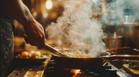 A person cooking in a kitchen with smoke rising from a sizzling pan, preparing a delicious mealの素材