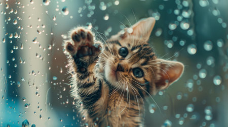 A playful kitten pawing at water droplets on a glass surface during bath timeの素材