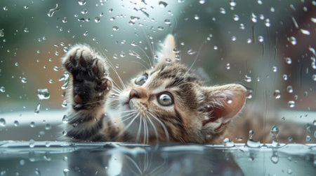 A playful kitten pawing at water droplets on a glass surface during bath timeの素材