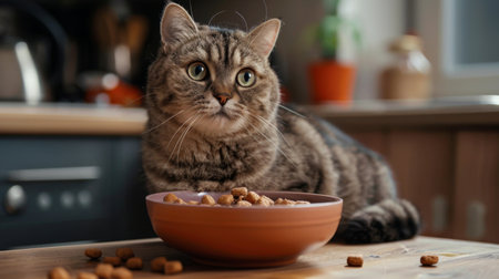 A plump cat sitting next to a bowl of treats, with a look of anticipation and delightの素材
