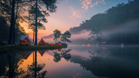 A serene lakeside campsite at sunrise, with tents reflected in the calm water, capturing the tranquility of natureの素材