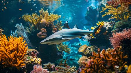 A reef shark swimming among colorful coral reefs in a tropical marine environmentの素材