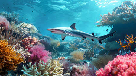 A reef shark swimming among colorful coral reefs in a tropical marine environmentの素材