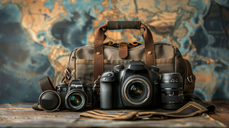A professional photographer's camera bag with lenses and accessories, travel photographyの素材