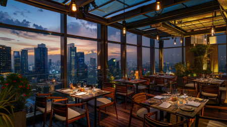 A rooftop restaurant with tables set for dining and panoramic city viewsの素材
