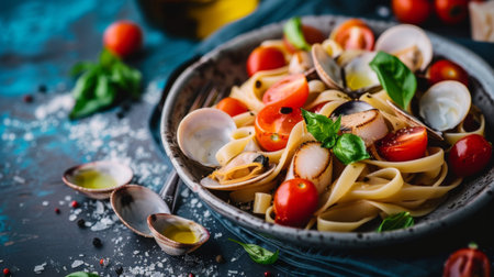 A seafood pasta dish with clams, scallops, and cherry tomatoes, drizzled with olive oilの素材