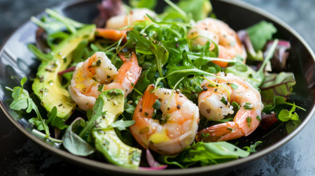 A seafood salad with mixed greens, shrimp, avocado, and citrus dressingの素材