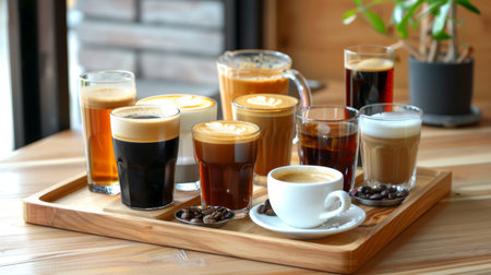 A selection of different coffee drinks on a wooden tray, from espresso to macchiato, showcasing varietyの素材