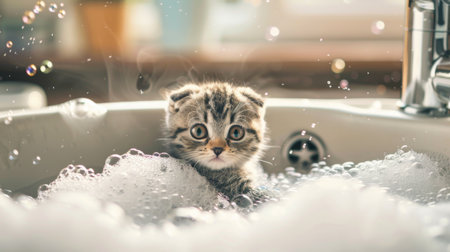 A Scottish Fold kitten in a sink filled with bubbles, enjoying bath time at homeの素材