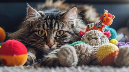 A fluffy, chubby cat lying next to a pile of toys, highlighting its playful and curious personalityの素材