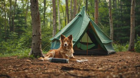 A dog resting by a tent at a campsite, with the forest in the background, showcasing pets enjoying camping trips tooの素材