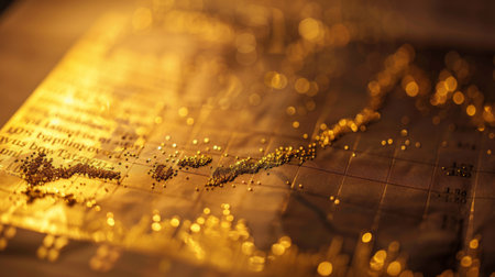 A macro shot of a gold price graph printed on financial newspaper, highlighting market analysisの素材