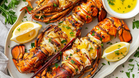A platter of grilled lobster tails with butter sauce and lemon wedgesの素材