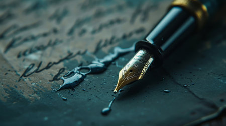 A macro shot of ink flowing from a fountain pen nib onto paper, capturing the beauty of writingの素材