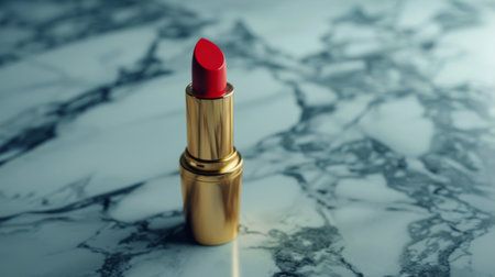 A luxurious lipstick with a gold cap placed on a marble surface, capturing the essence of high-end beauty productsの素材