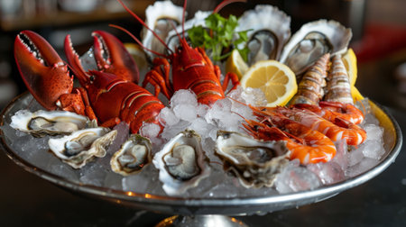 A gourmet seafood platter with lobster, oysters, and shrimp on ice, served elegantlyの素材