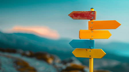 A group of arrows pointing in different directions on a signpost, decision-making conceptの素材