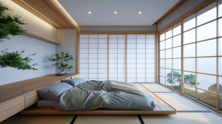 A minimalist bedroom with a Japanese futon on tatami mats, embodying simplicity and tranquilityの素材