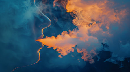 A person exhaling vapor from an electronic cigarette, with vapor clouds swirling in the airの素材