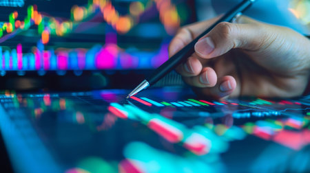 A hand holding a pen pointing at a printed stock market graph, analyzing market movementsの素材