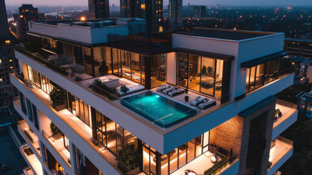 A modern apartment building with rooftop swimming pool and lounge areaの素材