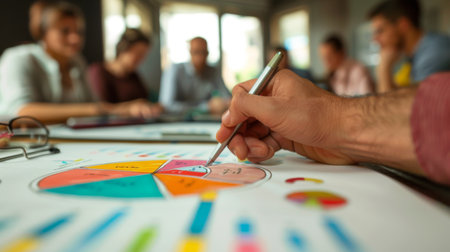 A hand drawing a pie chart on a flip chart during a business meeting, visualizing data and statisticsの素材