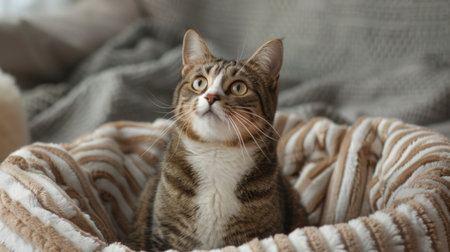 A rotund cat sitting in a cozy bed, looking up with big, expressive eyes, capturing its lovable natureの素材