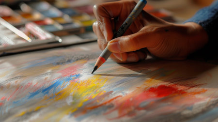 A hand holding a crayon and drawing on a piece of paper, capturing the act of artistic expressionの素材