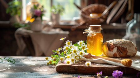 A rustic kitchen table with a jar of honey, fresh bread, and flowers, creating a warm and inviting atmosphereの素材