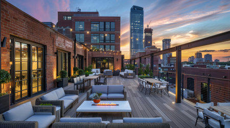 A rooftop terrace with city skyline views, ideal for outdoor relaxationの素材