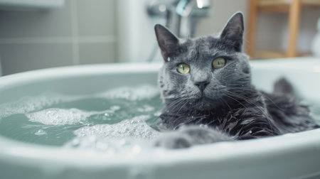 A Russian Blue cat enjoying a bath in a bathtub filled with warm water, looking relaxedの素材