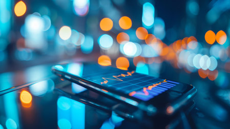 A mobile phone displaying real-time stock market prices and graphs, used for trading on the goの素材