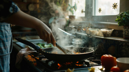 A person cooking in a kitchen with smoke rising from a sizzling pan, preparing a delicious mealの素材