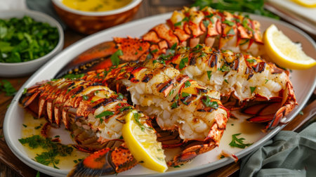 A platter of grilled lobster tails with butter sauce and lemon wedgesの素材