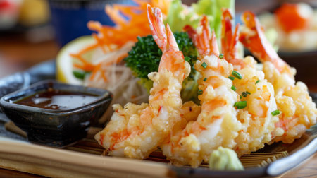 A plate of tempura shrimp and vegetables served with dipping sauce, a popular Japanese appetizerの素材
