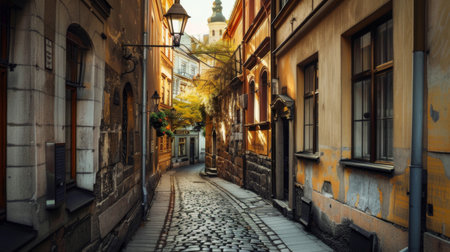 A narrow cobblestone street lined with historic buildings and vintage street lampsの素材