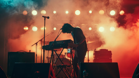 A musician performing live on stage with powerful stage monitors and amplifiersの素材