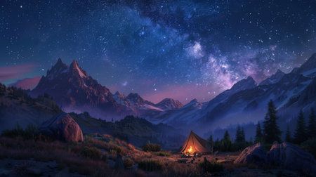 A scenic mountain campsite with a tent and a campfire, under a clear, starry sky, highlighting the beauty of nighttime in the wildernessの素材