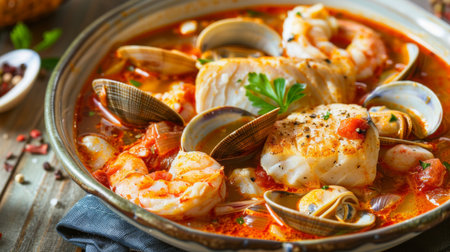 A seafood stew in a rich tomato broth with clams, fish, and squidの素材