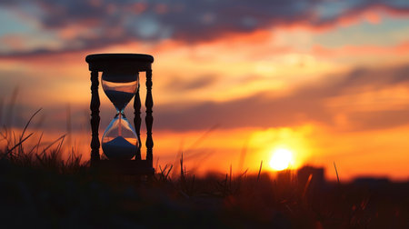 A silhouette of an hourglass against a sunset sky, time passing into twilightの素材