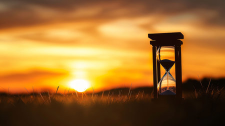 A silhouette of an hourglass against a sunset sky, time passing into twilightの素材
