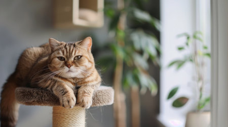 A plump cat perched on a scratching post, displaying its playful yet sedentary lifestyleの素材