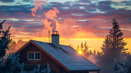 A pitched roof house with chimney smoke rising against a sunset skyの素材