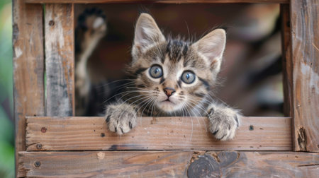 A playful kitten climbing a wooden cat house with various hiding spots, capturing the spirit of adventureの素材