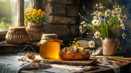A rustic kitchen table with a jar of honey, fresh bread, and flowers, creating a warm and inviting atmosphereの素材