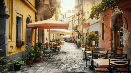 A quaint European street cafe with outdoor seating and umbrellasの素材
