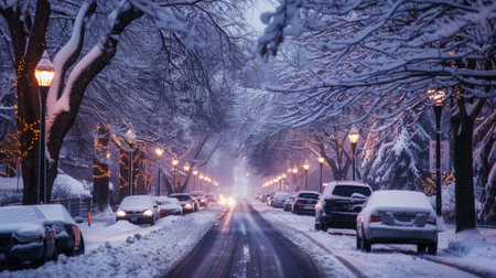 A snowy street in winter with cars driving cautiously and snow-covered treesの素材