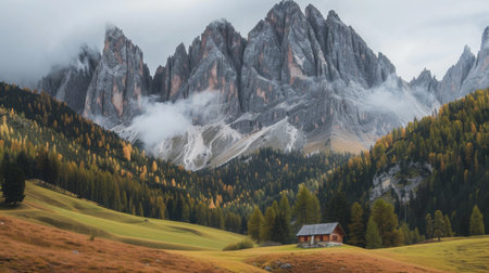 A solitary cabin nestled in a mountain valley surrounded by pine forests and peaksの素材