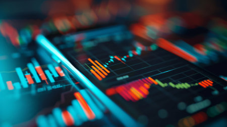 A smartphone screen displaying real-time stock market bar graphs and chartsの素材